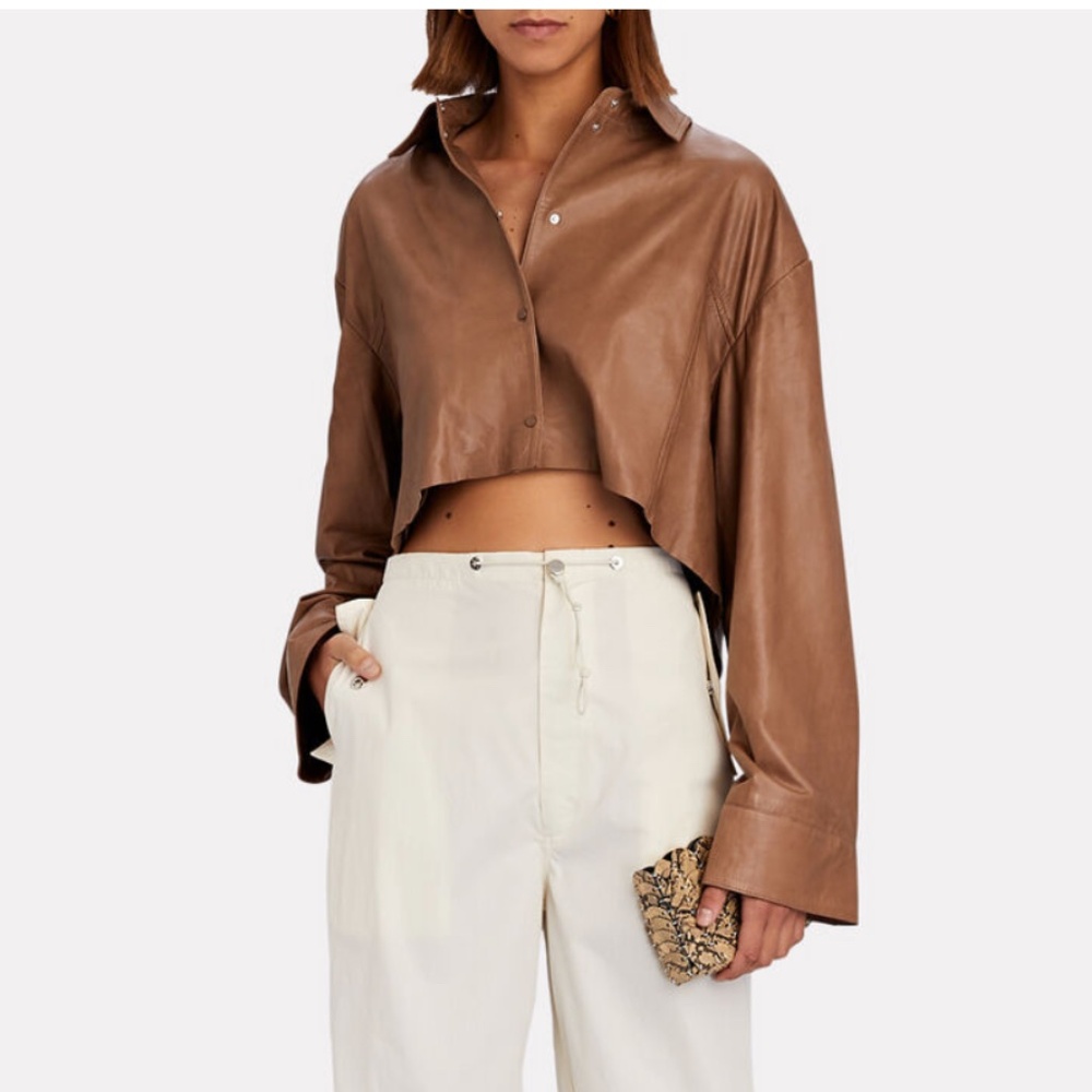 LAMARQUE Elda Button-Front Leather Cropped Shirt
